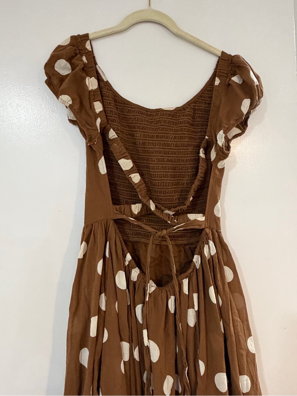 Brown Polka Dot Midi Dress with Tie Back
